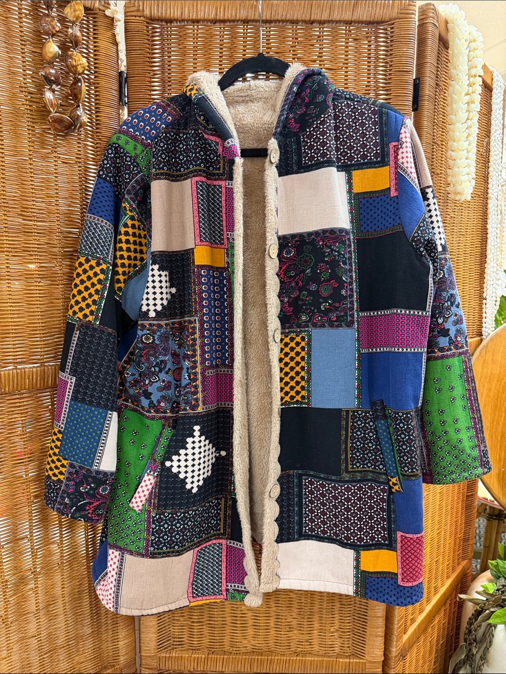 Patchwork Hooded Coat with Faux-Shearling Lining - Multicolor